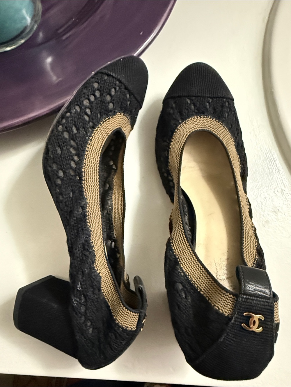 AUTHENTIC Chanel Black Lace Ballet Flats with Gold Accent - Women's Shoes